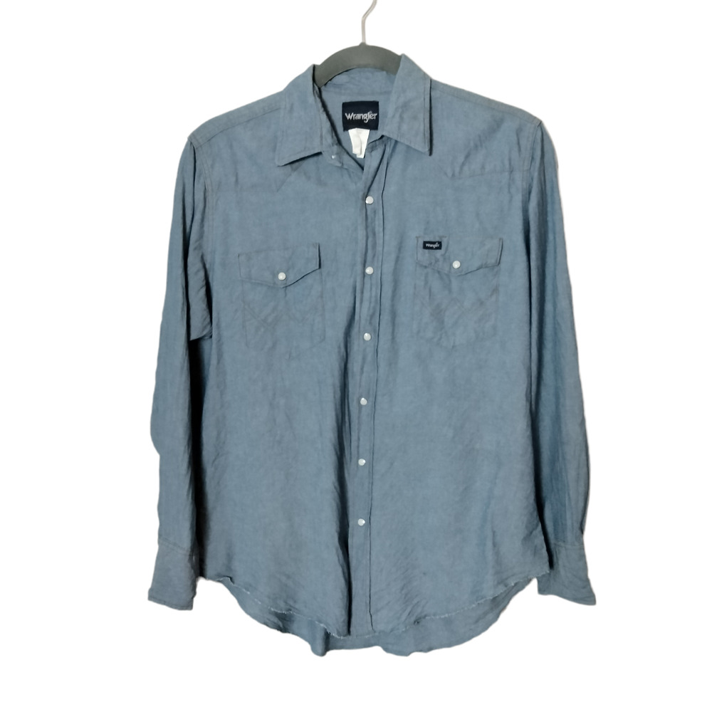 Wrangler Mens Cowboy Cut Pearl Snap Blue Chambray Work Shirt Long Sleeve 16.5x35